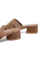 Women's Taupe Thick Short Heel Suede Leather Slippers | Derimod