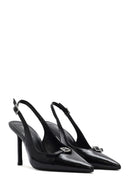 Women's Black Ankle Buckle Open Back Thin Heel Leather Shoes | Derimod