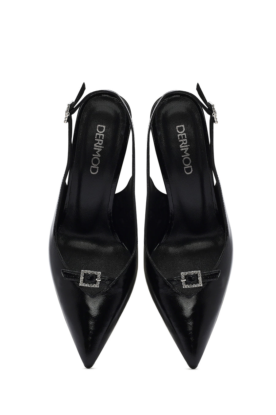 Women's Black Ankle Buckle Open Back Thin Heel Leather Shoes