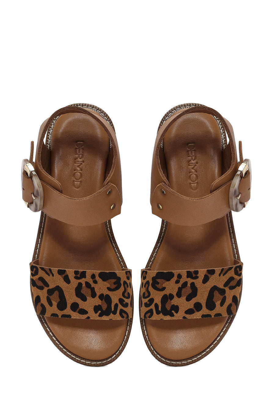 Kadın Taba Tokalı Leopar Desenli Deri Sandalet