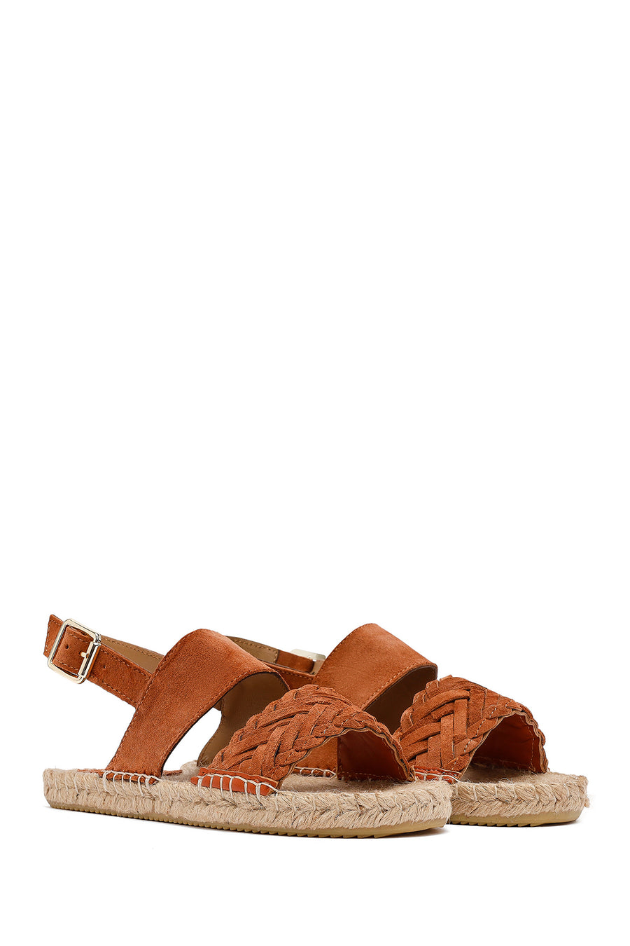 Woman Orange Woven Detail Suede Leather Espadrille Sandal