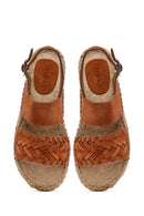 Woman Orange Woven Detail Suede Leather Espadrille Sandal | Derimod