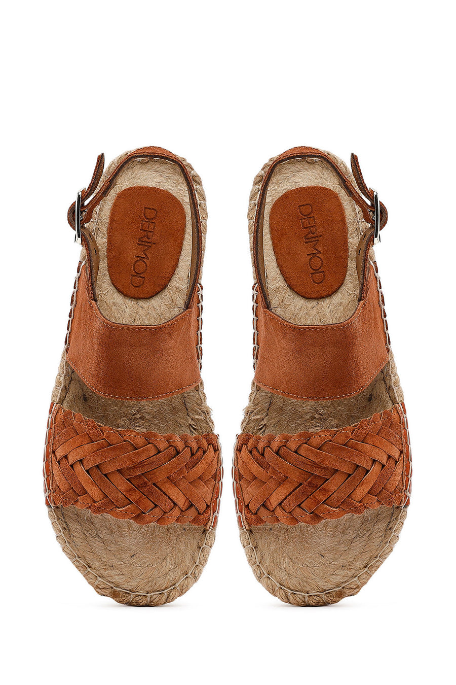 Woman Orange Woven Detail Suede Leather Espadrille Sandal