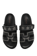 Women's Black Striped Patterned Leather Slippers | Derimod