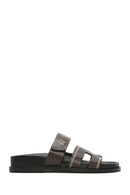 Women's Brown Striped Patterned Leather Slippers | Derimod