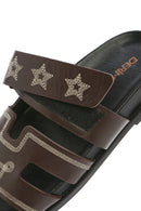 Women's Brown Striped Patterned Leather Slippers | Derimod
