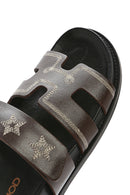 Women's Brown Striped Patterned Leather Slippers | Derimod