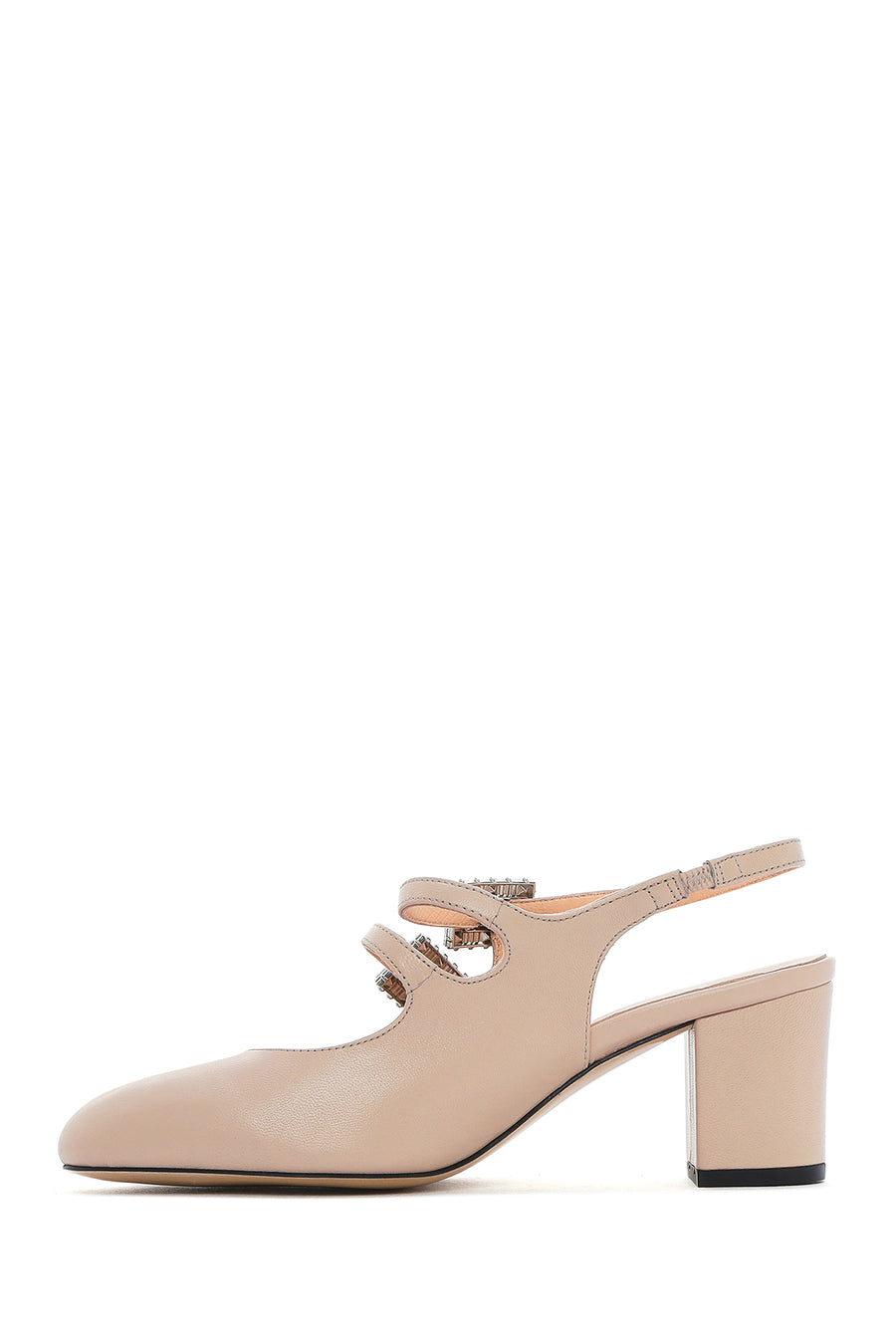 Women's Beige Slingback Buckled Stoned Thick Heel Leather Shoes