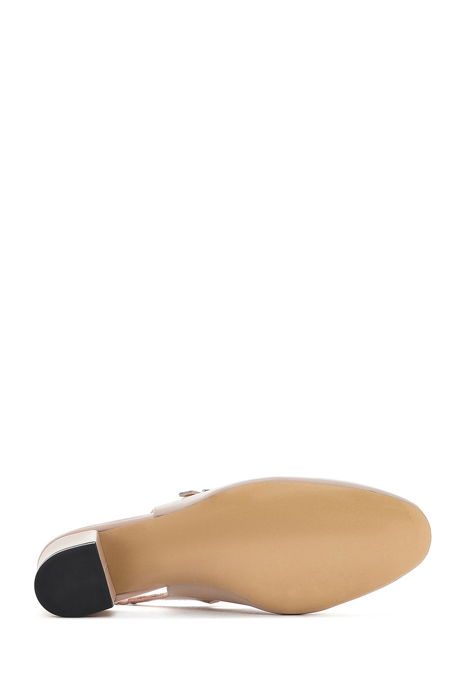 Women's Beige Slingback Buckled Stoned Thick Heel Leather Shoes
