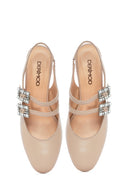 Women's Beige Slingback Buckled Stoned Thick Heel Leather Shoes | Derimod