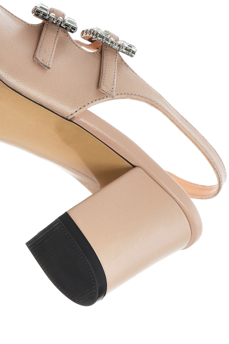 Women's Beige Slingback Buckled Stoned Thick Heel Leather Shoes