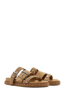 Women's Brown Buckled Strap Suede Leather Slippers | Derimod