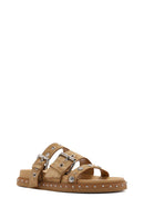 Women's Brown Buckled Strap Suede Leather Slippers | Derimod
