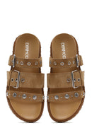 Women's Brown Buckled Strap Suede Leather Slippers | Derimod