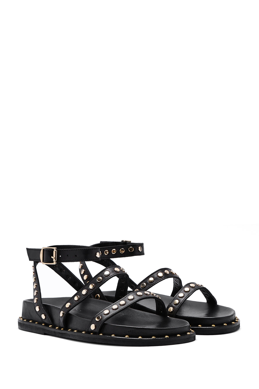 Women's Black Ankle Strap Metal Detailed Leather Sandals