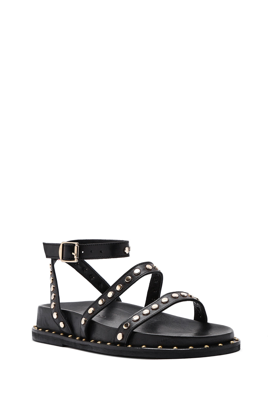Women's Black Ankle Strap Metal Detailed Leather Sandals