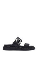 Women's Black Stoned Thick Soled Leather Slippers | Derimod