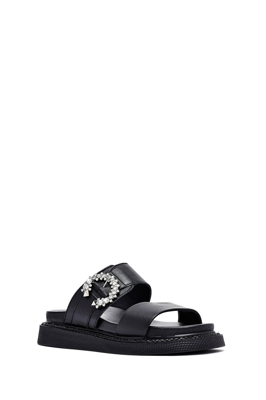 Women's Black Stoned Thick Soled Leather Slippers