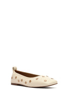 Women's Cream Stoned Leather Ballerina | Derimod