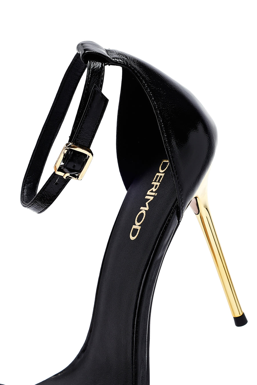 Women's Black Ankle Buckle High Thin Heel Metallic Leather Sandals