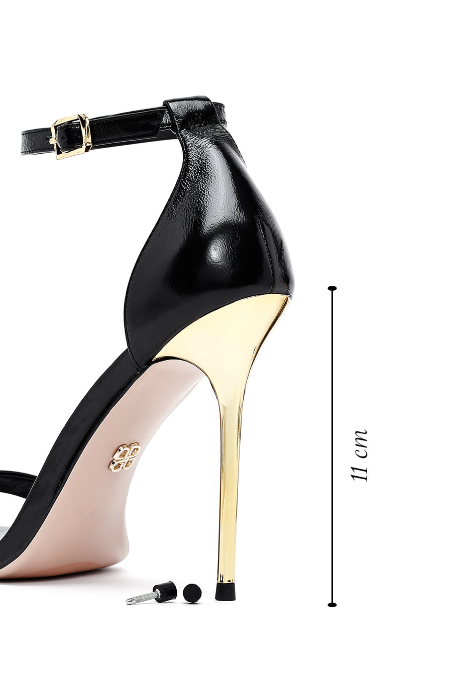 Women's Black Ankle Buckle High Thin Heel Metallic Leather Sandals