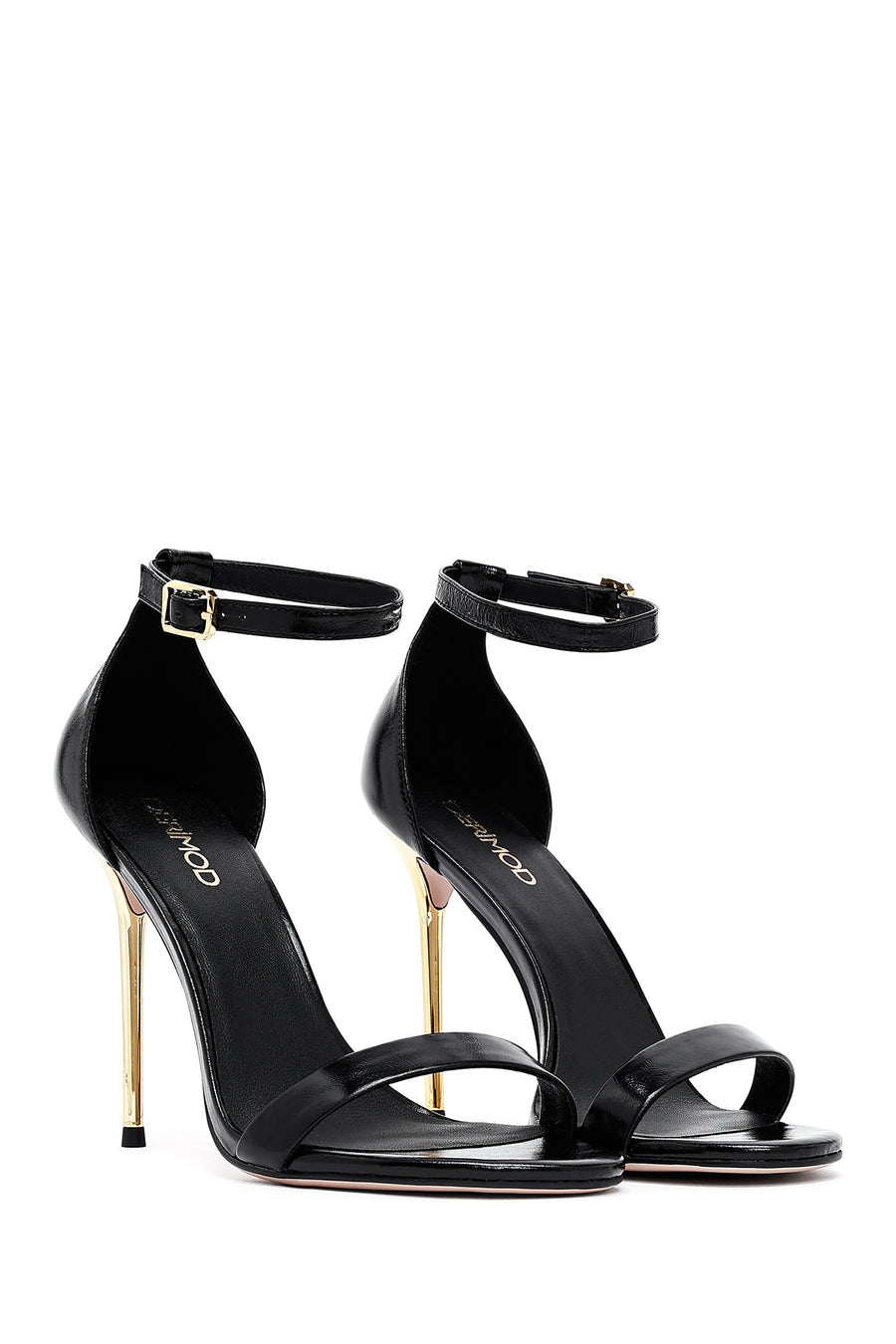 Women's Black Ankle Buckle High Thin Heel Metallic Leather Sandals