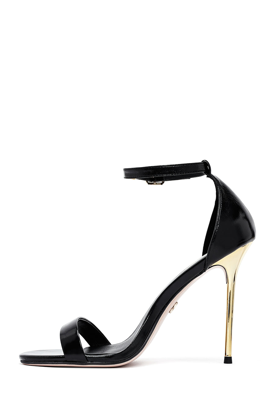 Women's Black Ankle Buckle High Thin Heel Metallic Leather Sandals