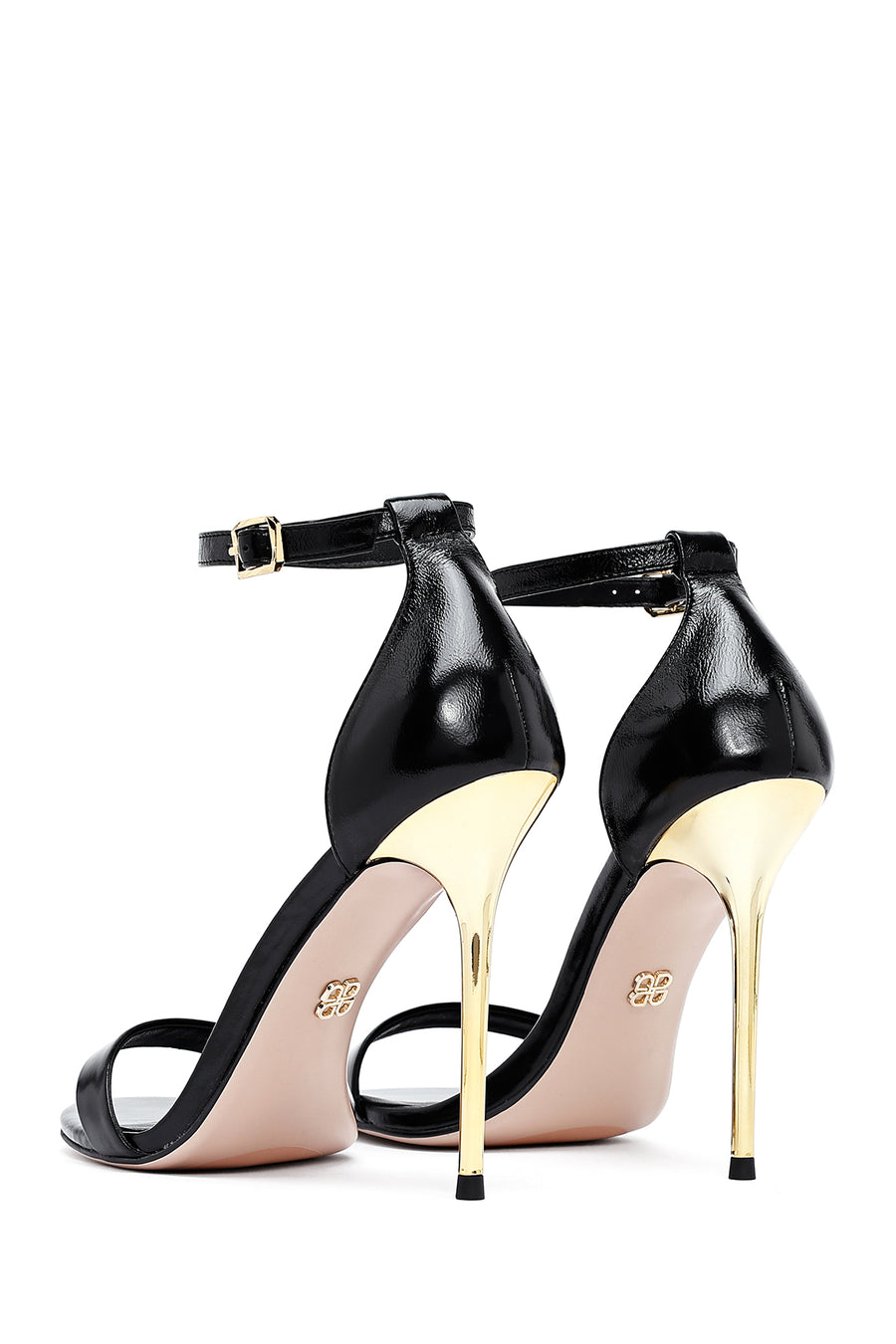 Women's Black Ankle Buckle High Thin Heel Metallic Leather Sandals