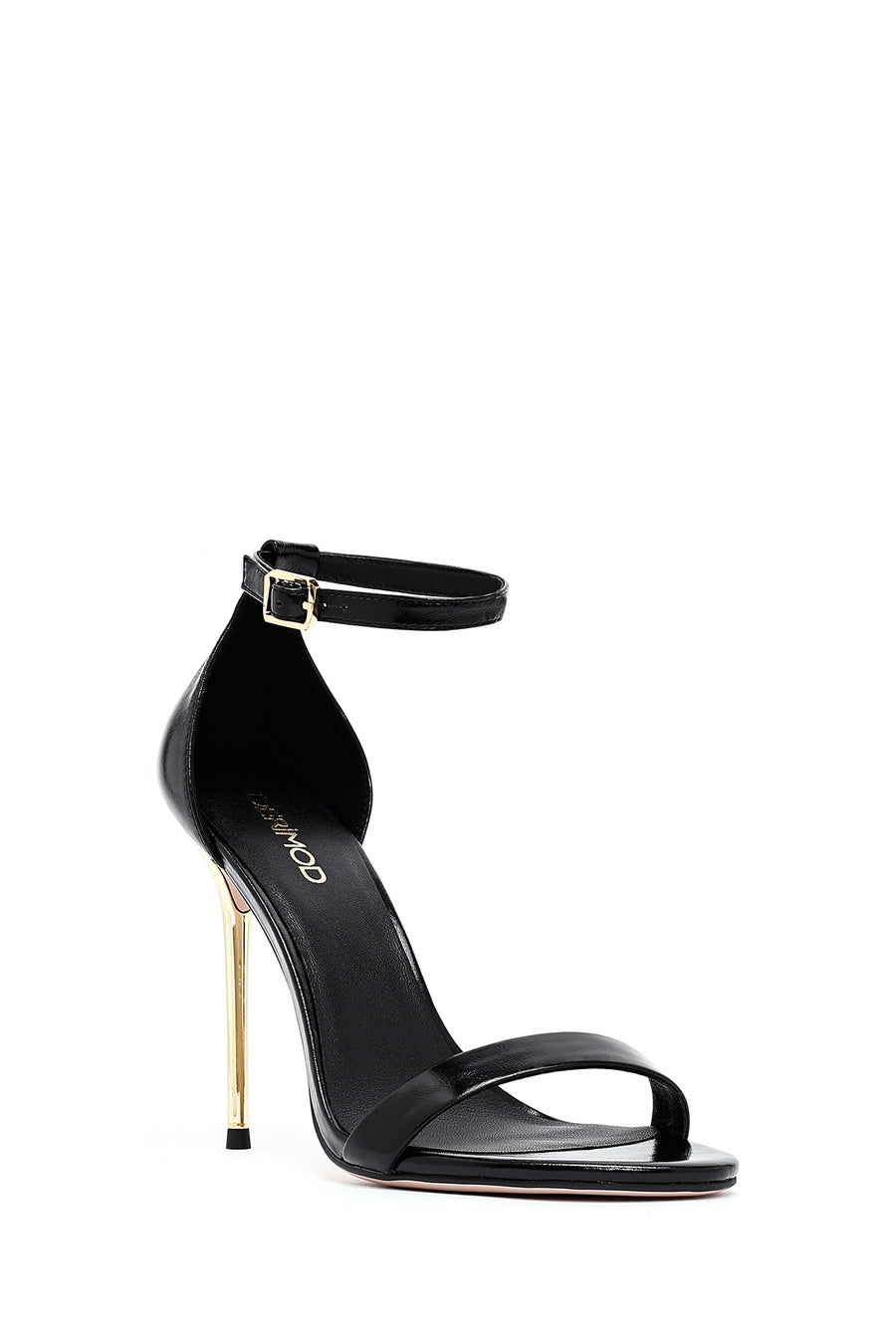 Women's Black Ankle Buckle High Thin Heel Metallic Leather Sandals