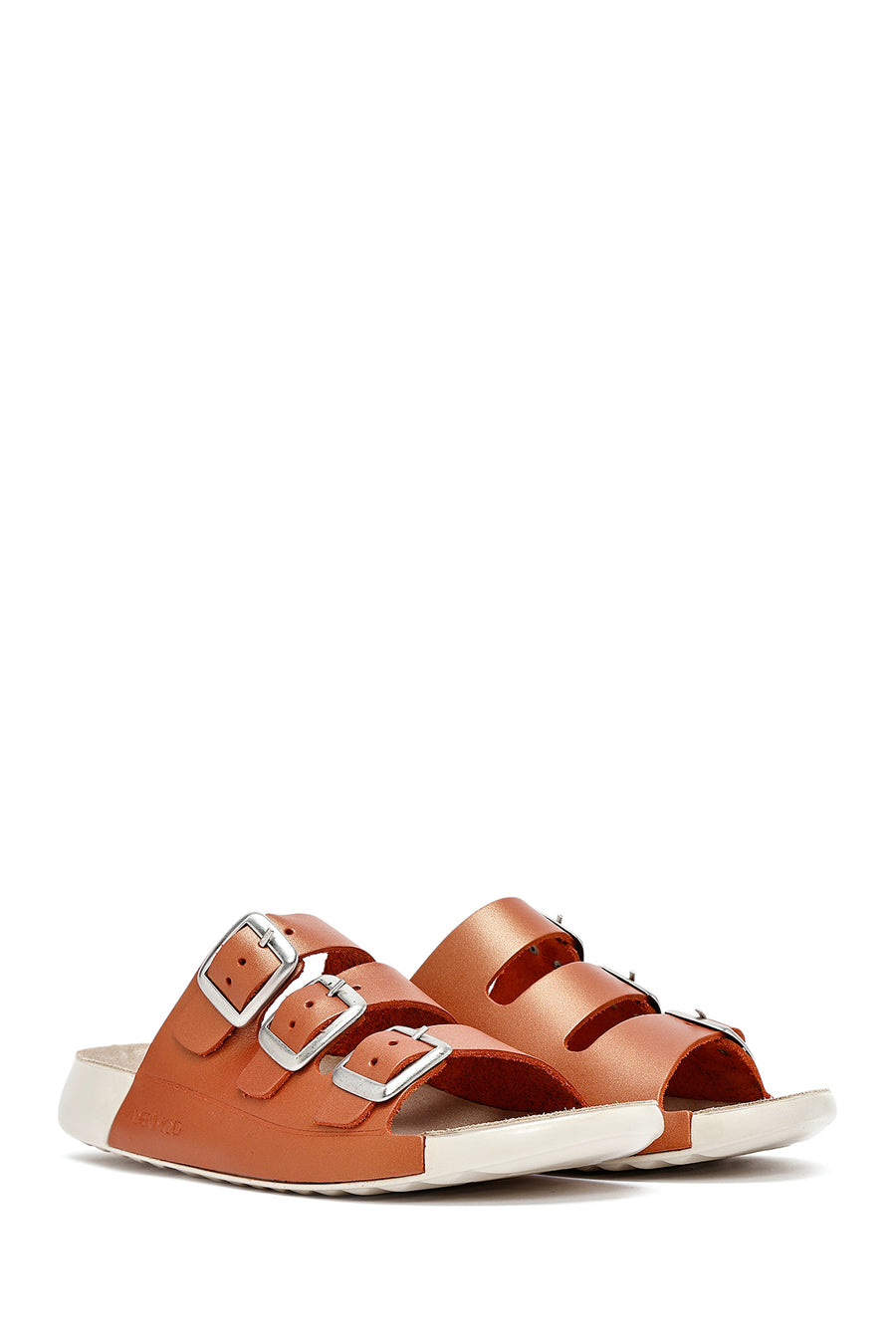 Women's Orange Buckled Metallic Leather Comfort Slippers