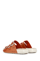 Women's Orange Buckled Metallic Leather Comfort Slippers | Derimod