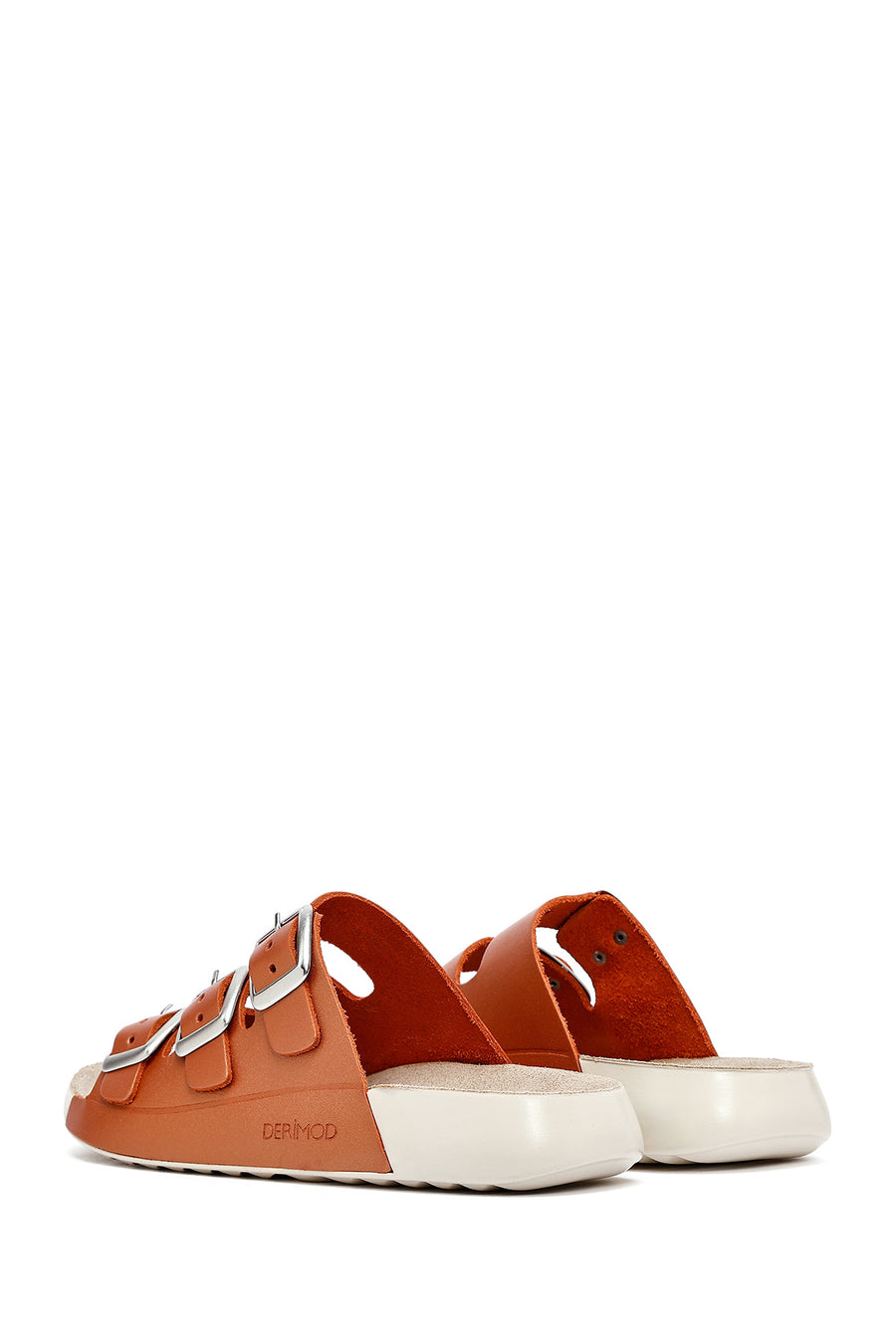 Women's Orange Buckled Metallic Leather Comfort Slippers