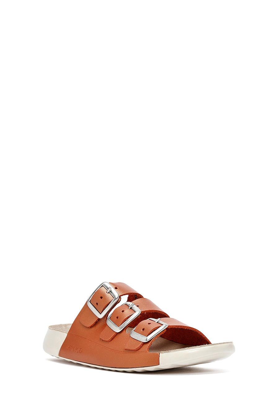 Women's Orange Buckled Metallic Leather Comfort Slippers