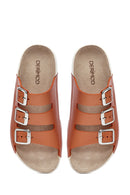 Women's Orange Buckled Metallic Leather Comfort Slippers | Derimod