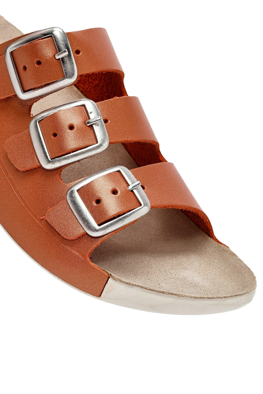 Women's Orange Buckled Metallic Leather Comfort Slippers