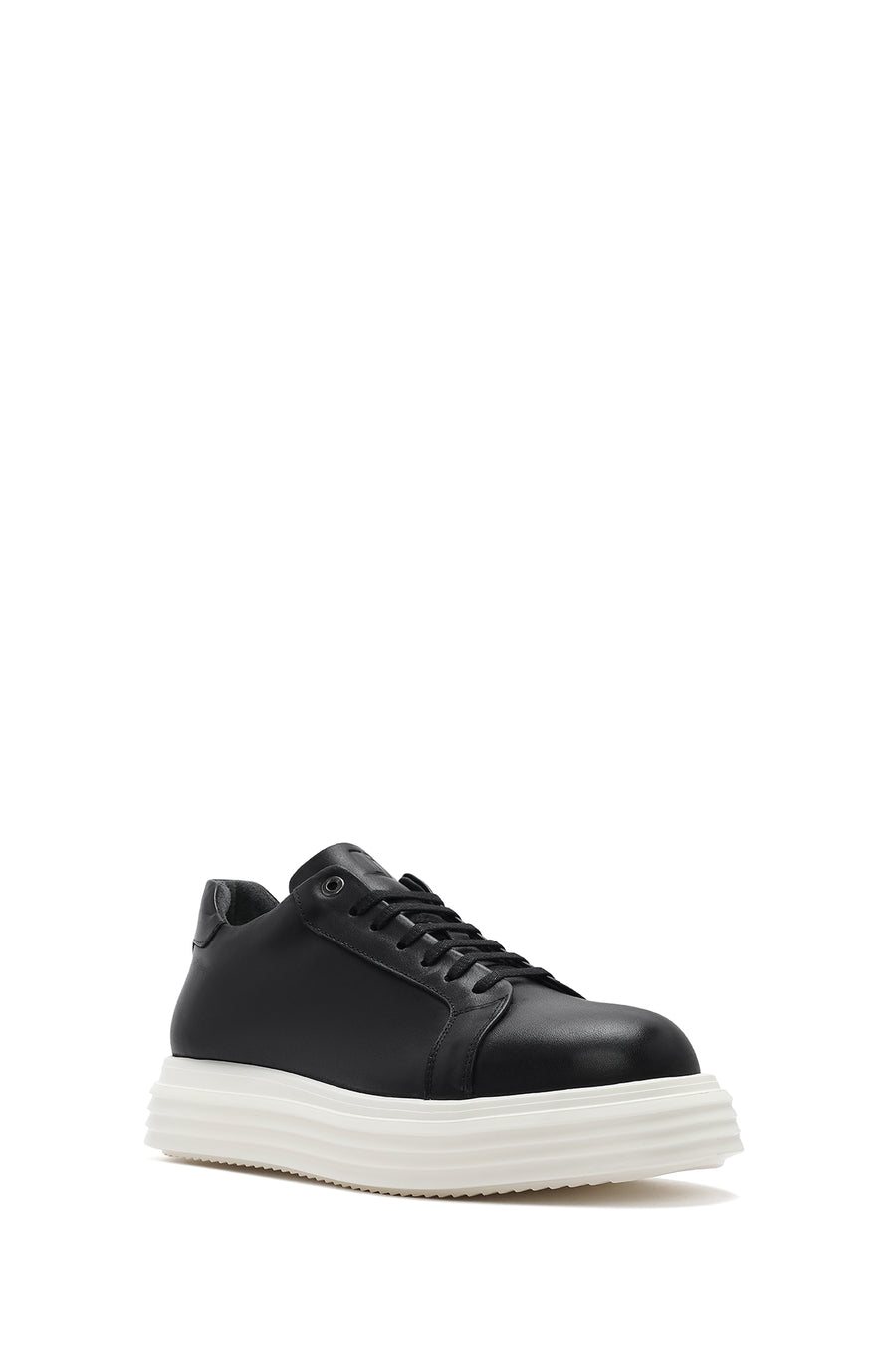 Erkek Siyah Kalın Tabanlı Bağcıklı Deri Sneaker