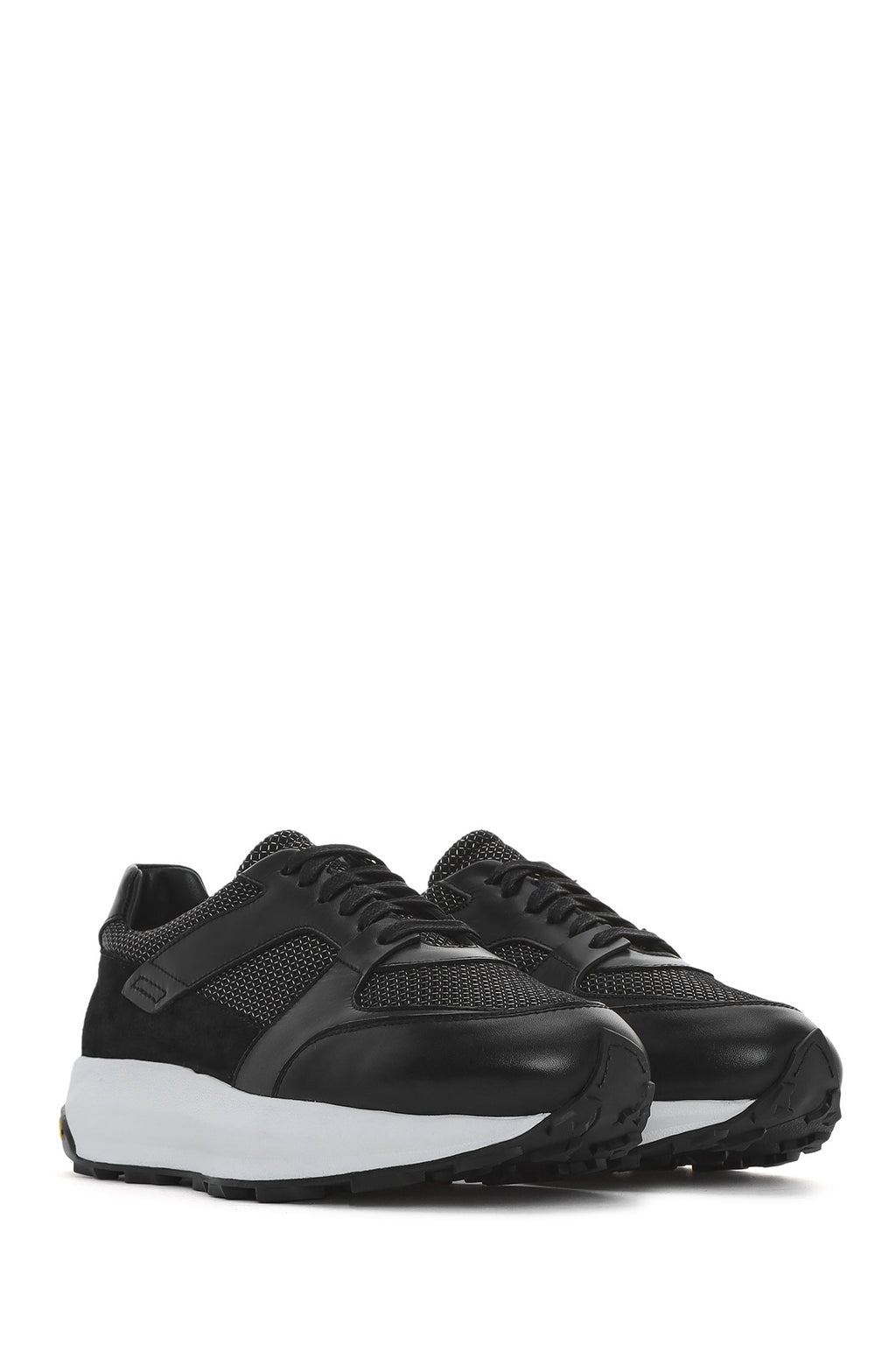 Erkek Siyah Bağcıklı Kalın Tabanlı Deri Sneaker
