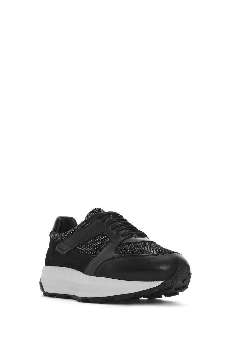 Erkek Siyah Bağcıklı Kalın Tabanlı Deri Sneaker