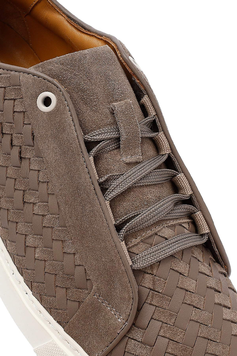 Erkek Vizon Bağcıklı Örgülü Kalın Tabanlı Deri Sneaker
