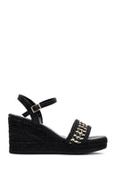 Women's Black Ankle Buckle Braided Wedge Heel Espadrille Sandals | Derimod