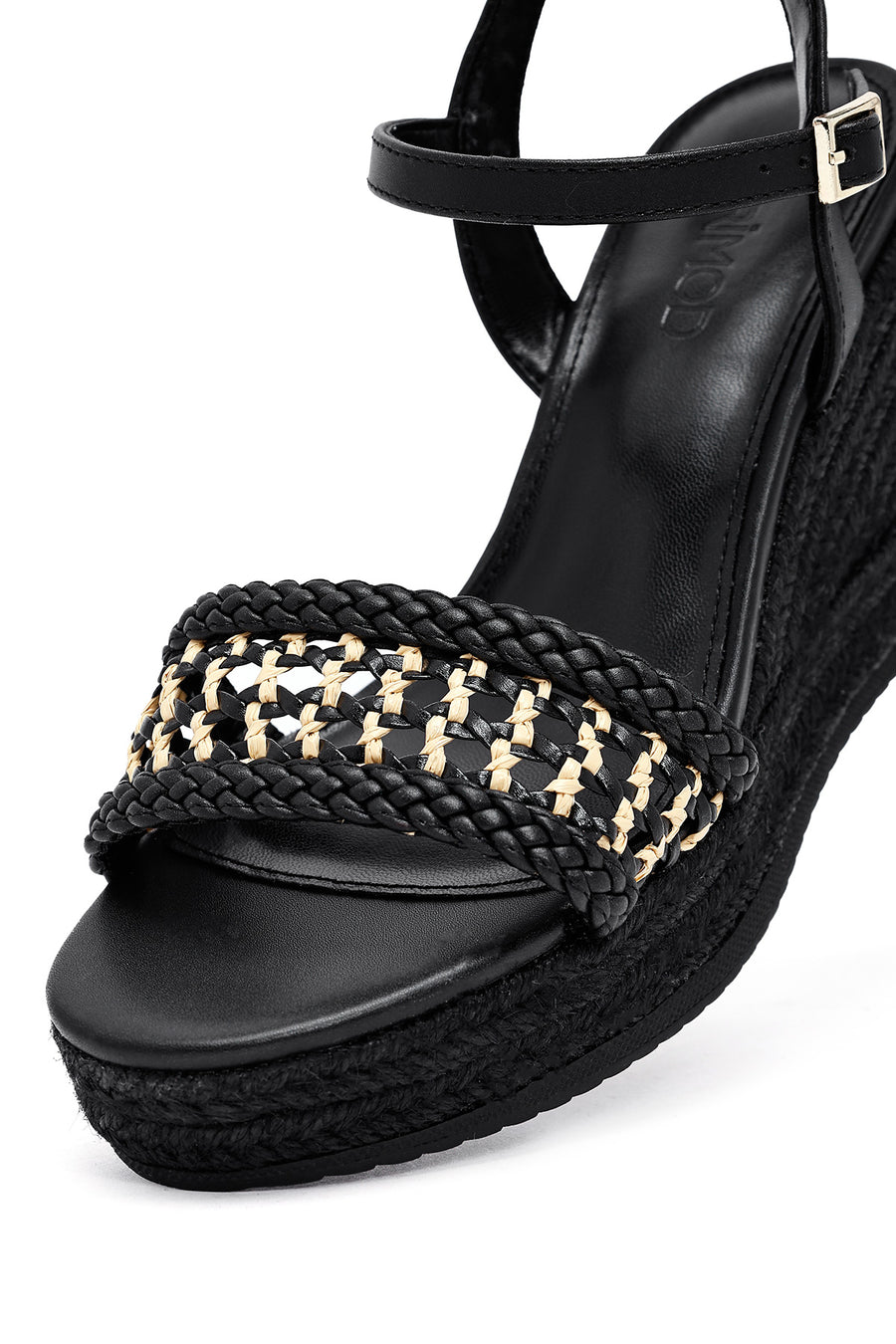 Women's Black Ankle Buckle Braided Wedge Heel Espadrille Sandals
