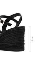 Women's Black Ankle Buckle Braided Wedge Heel Espadrille Sandals | Derimod