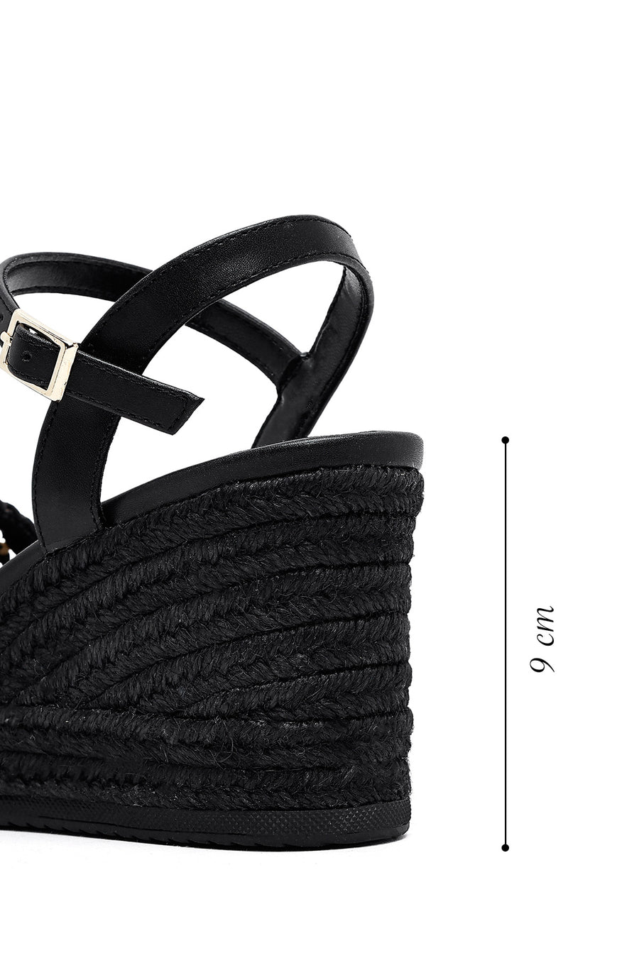 Women's Black Ankle Buckle Braided Wedge Heel Espadrille Sandals