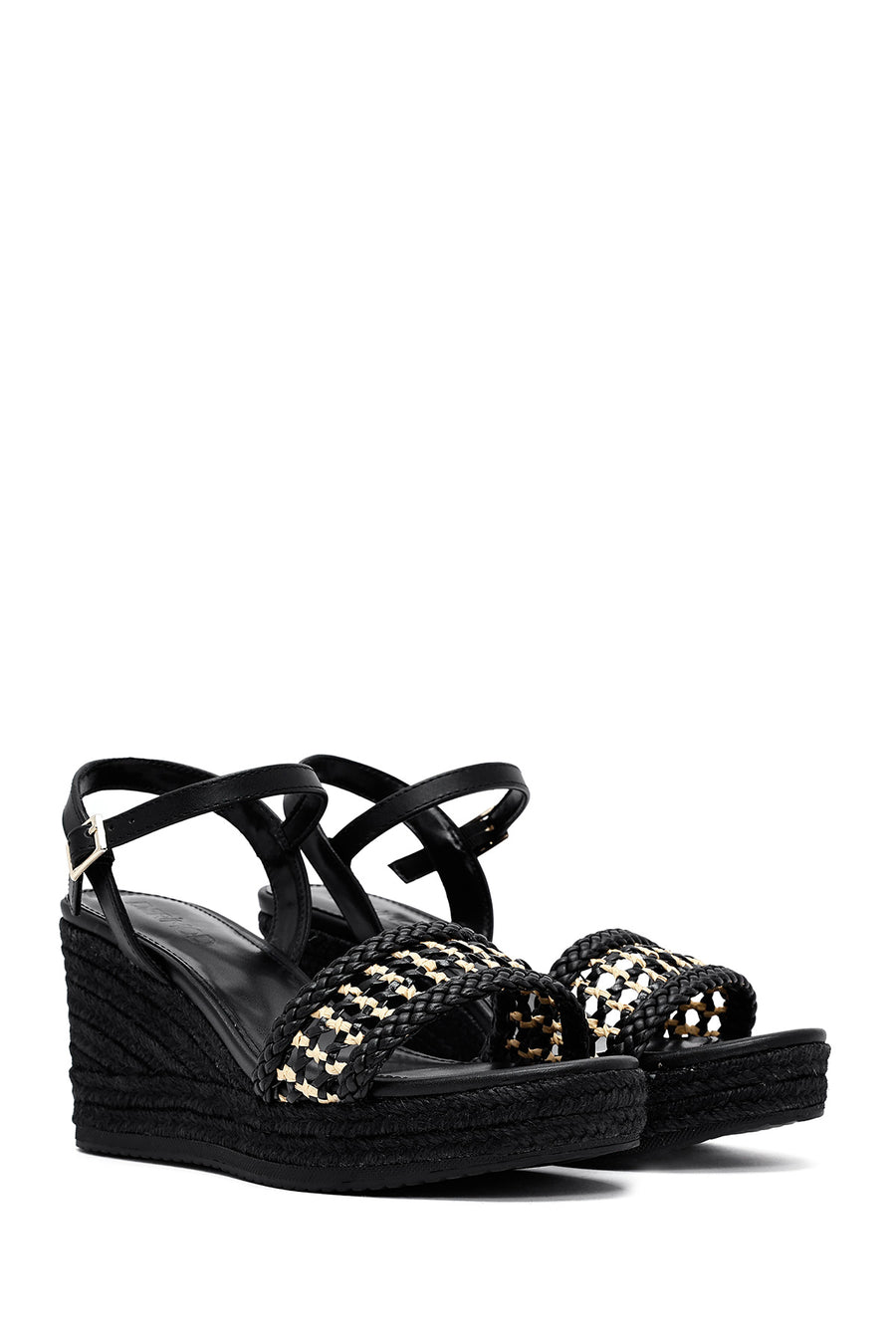 Women's Black Ankle Buckle Braided Wedge Heel Espadrille Sandals