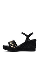 Women's Black Ankle Buckle Braided Wedge Heel Espadrille Sandals | Derimod