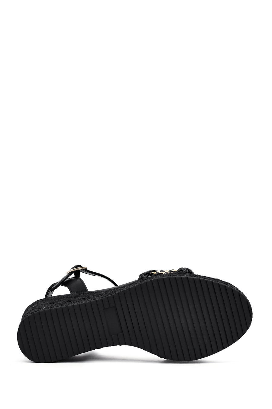 Women's Black Ankle Buckle Braided Wedge Heel Espadrille Sandals