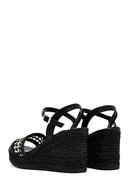 Women's Black Ankle Buckle Braided Wedge Heel Espadrille Sandals | Derimod