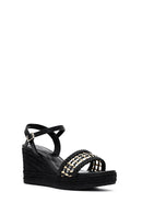 Women's Black Ankle Buckle Braided Wedge Heel Espadrille Sandals | Derimod