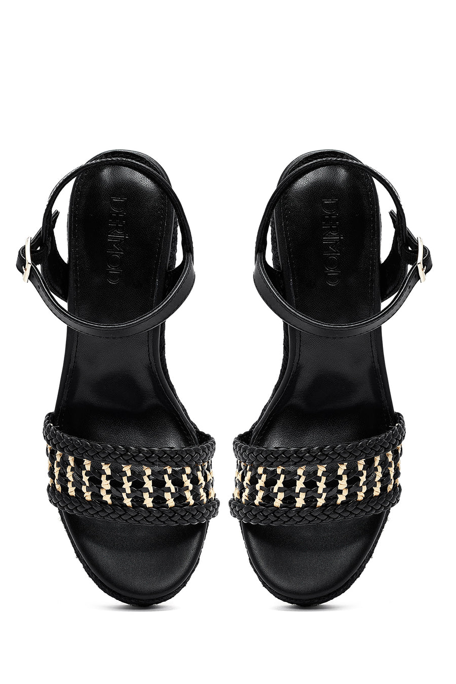 Women's Black Ankle Buckle Braided Wedge Heel Espadrille Sandals