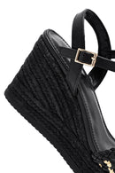 Women's Black Ankle Buckle Braided Wedge Heel Espadrille Sandals | Derimod